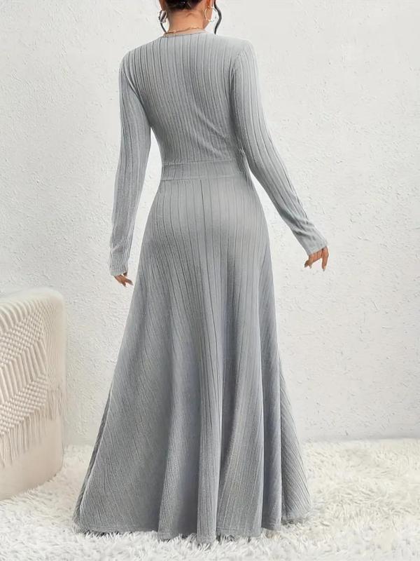  Solid Wrap V Neck A Line Dress, Elegant Long Sleeve Dress for Party Holiday Wedding Guest, Women's Clothes for Fall & Winter