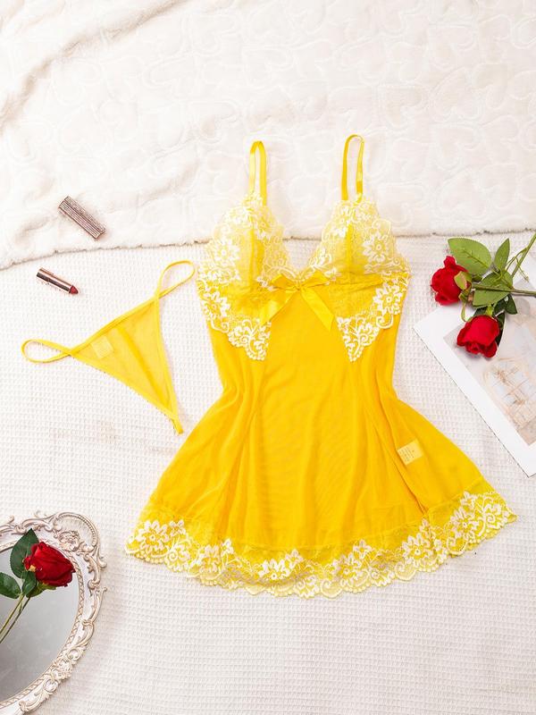 Women's 2pcs Floral Lace Backless Cami Nightdress & Thong Set, Sexy Adjustable Strap Bow Front Nightgown & Panty Two-Piece Set, Ladies Summer Clothes