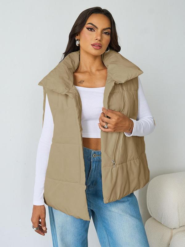 Women's Solid Zip Up Pocket Vest Coat, Casual Stand Collar Sleeveless Gilet for Fall & Winter, Flat Gilet, Women's Clothing for Daily Wear