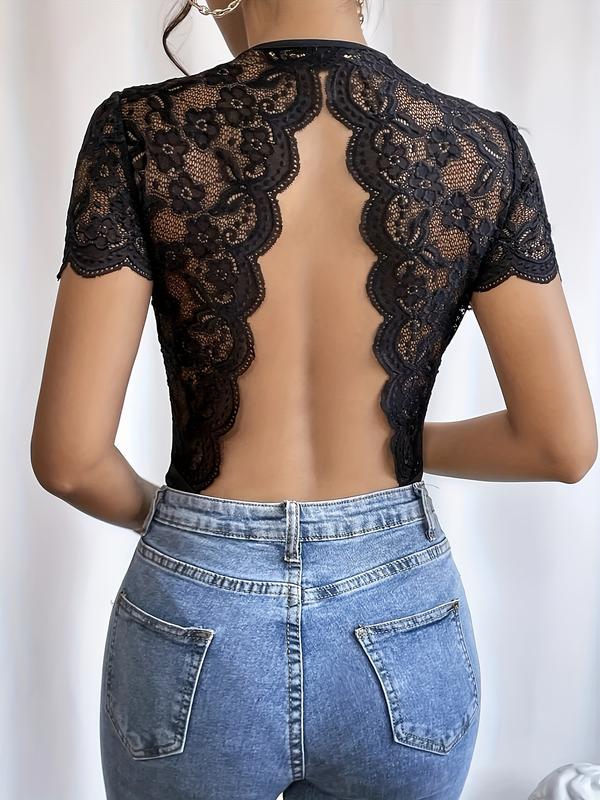 Contrast Lace Backless Bodysuit, Y2K Crew Neck Short Sleeve Bodysuit For Spring & Summer, Women's Clothing