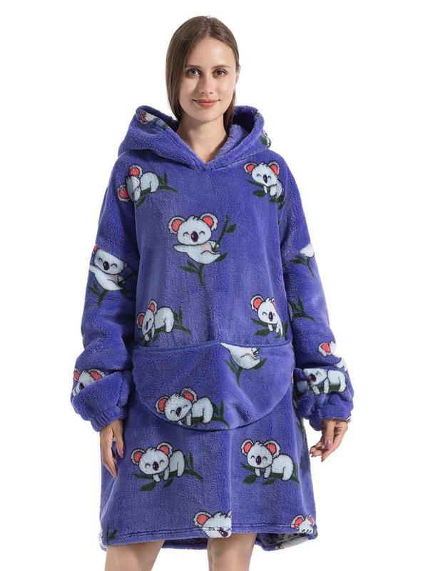 Women's Print Drop Shoulder Hooded Flannel Robe, Casual Long Sleeve Pocket Design Halloween Hooded Robe, Ladies Fall & Winter Sleepwear