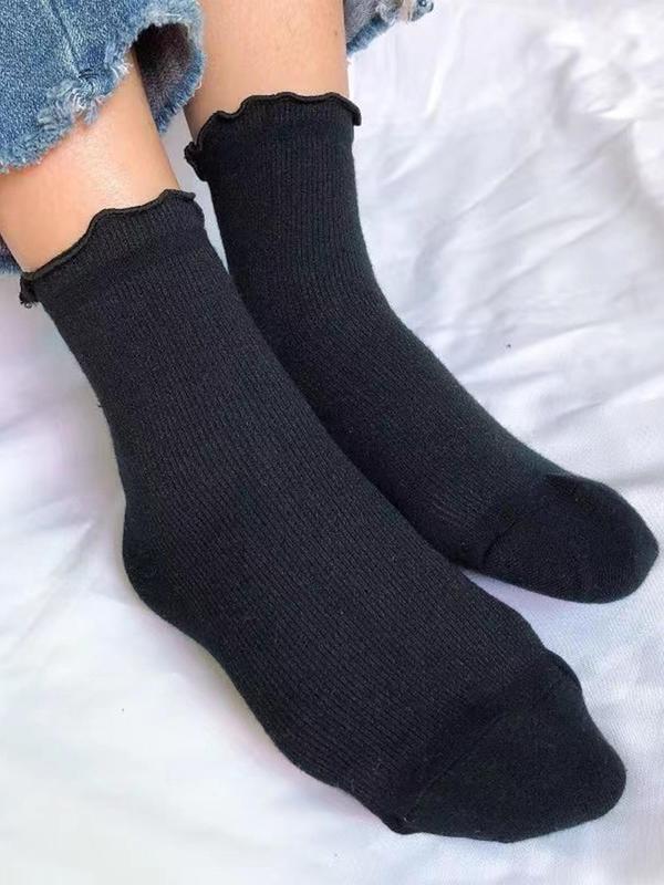 Women's Solid Lettuce Trim Crew Socks, Casual Comfy Breathable Mid-calf Socks for Daily Wear, Multipack Knit Socks for All Seasons