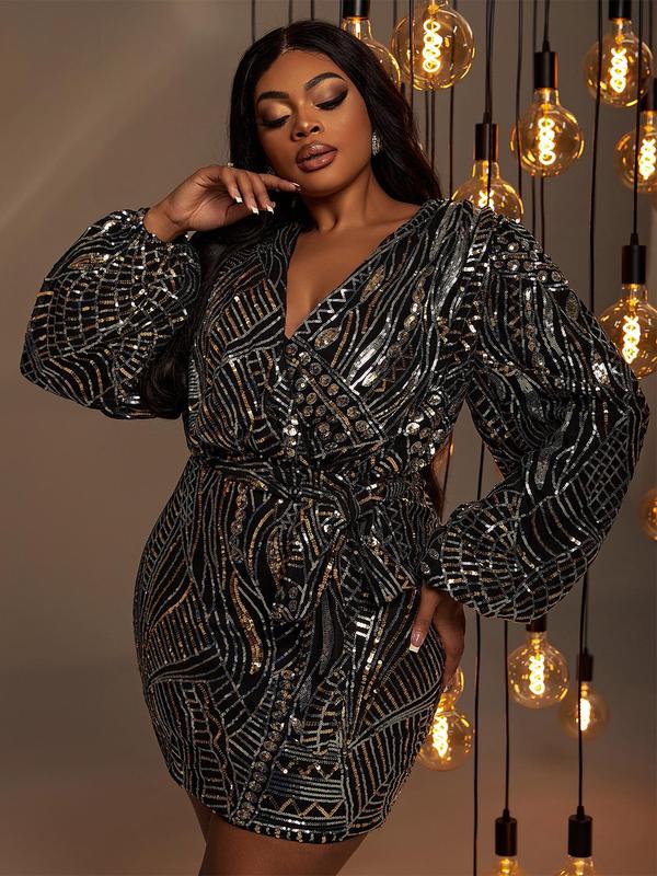 Plus Size All Over Sequins Wrap V Neck Belted Bodycon Dress, Elegant Lantern Sleeve Short Evening Party Gown, Women's Clothes for Spring & Fall