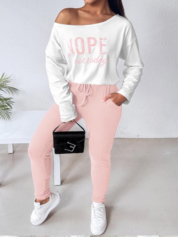  Letter Print Drop Shoulder Tee & Drawstring Waist Pants Two-Piece Set, Casual Fashion Cozy Long Sleeve Boat Neck Top & Pocket Trousers for Daily Outdoor Wear, Women's Clothing for Fall