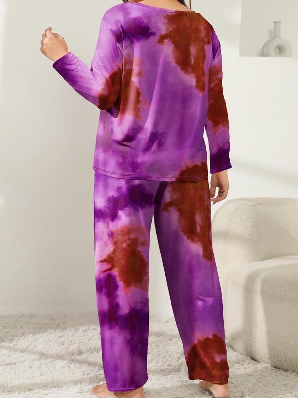  Tie Dye Print Tee & Pants Loungewear Set, Casual Comfy Round Neck Long Sleeve Top & Trousers PJ Set, Women's Sleepwear for Spring & Fall