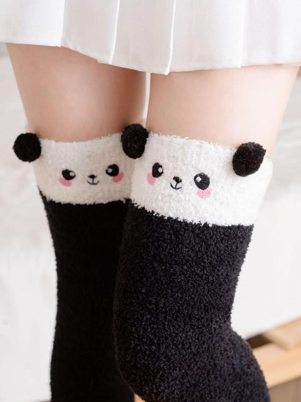 Women's 1 Pair Cartoon Panda Print Over The Knee Socks, Cute Cozy Warm Fuzzy Socks For Women, Women's Socks For Winter