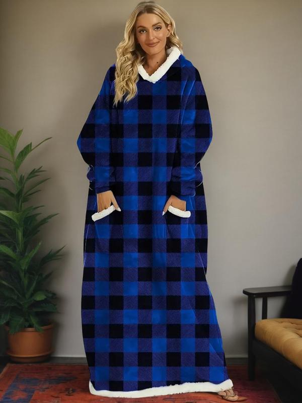 Christmas Women's Plaid Print Drop Shoulder Hooded Lounge Robe, Casual Long Sleeve Pocket Design Lounge Dress for Fall & Winter, Ladies Sleepwear for Indoor Wear