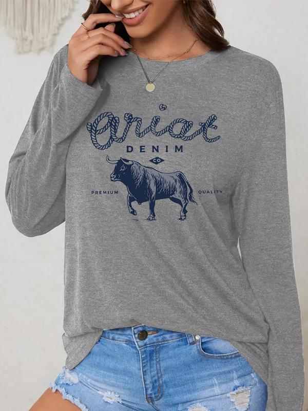 Women's Bull & Letter Print Round Neck Tee, T Shirts for Women, Casual Long Sleeve Crew Neck T-shirt for Daily Wear, Ladies Clothes for All Seasons