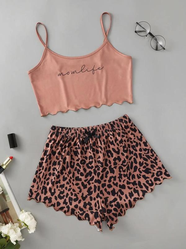 Women's All Over Print Scallop Trim Loungewear Set, Fashion Spaghetti Strap Cami Top & Bow Decor Lounge Shorts, Summer Sleepwear Co-ord Set