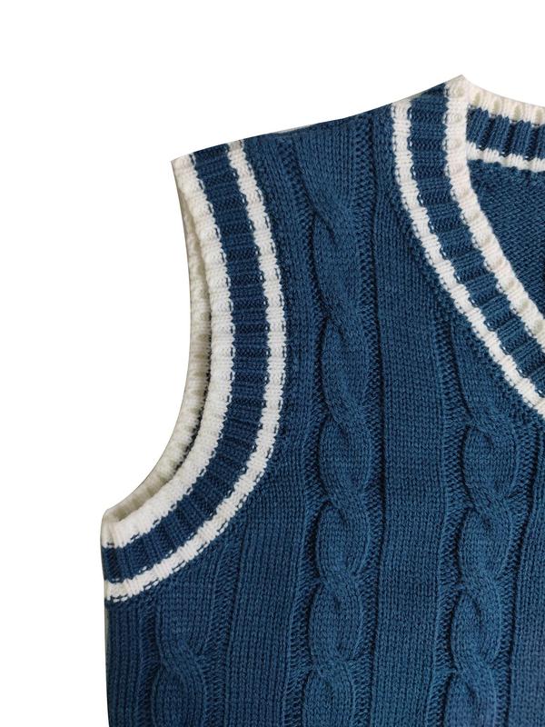 Women's Contrast Binding V Neck Cable Knit Sweater Vest, Casual Textured Sleeveless Knitwear for Fall & Winter, Fashion Ladies' Knitwear for Daily Wear