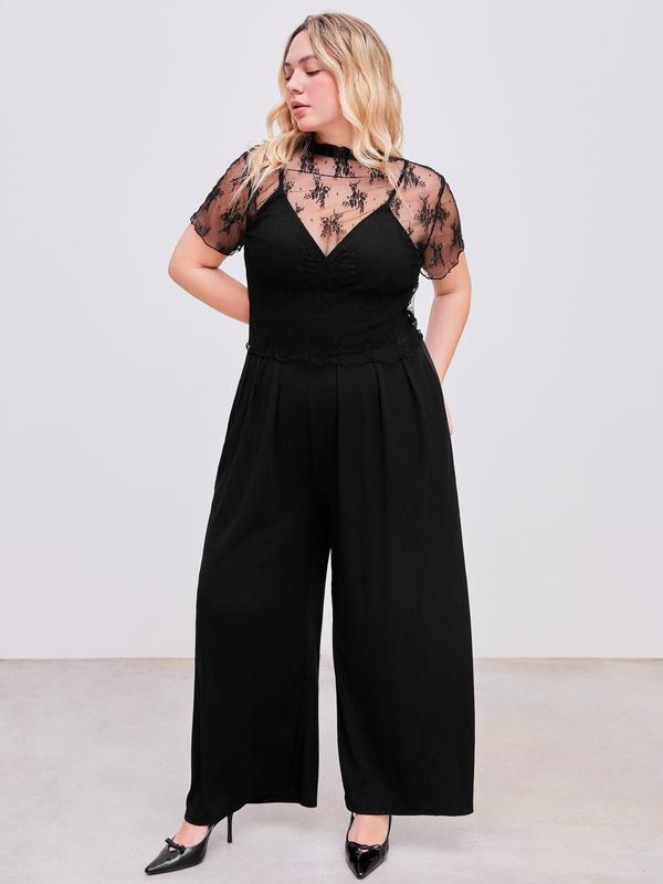 Cider [size 2-26] Lace See-through Top & V Neck Wide Leg Jumpsuit