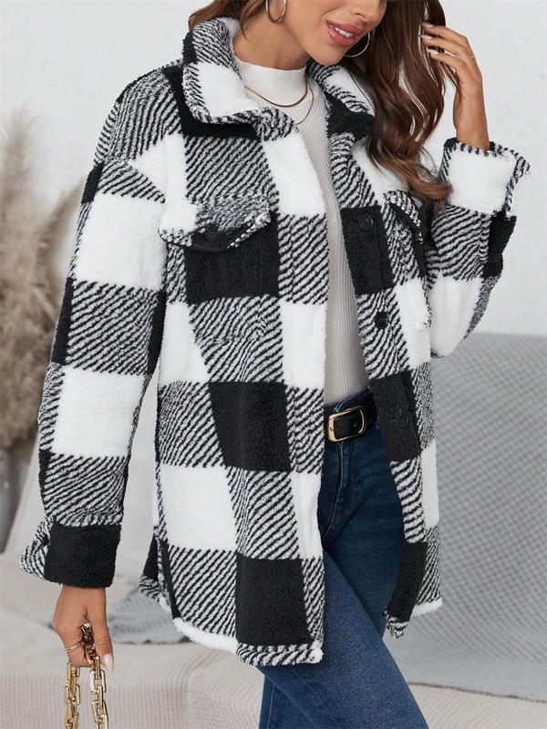  Plaid Print Button Front Fuzzy Jacket, Casual Long Sleeve Collared Outerwear for Fall & Winter, Women's Clothes for Daily Wear