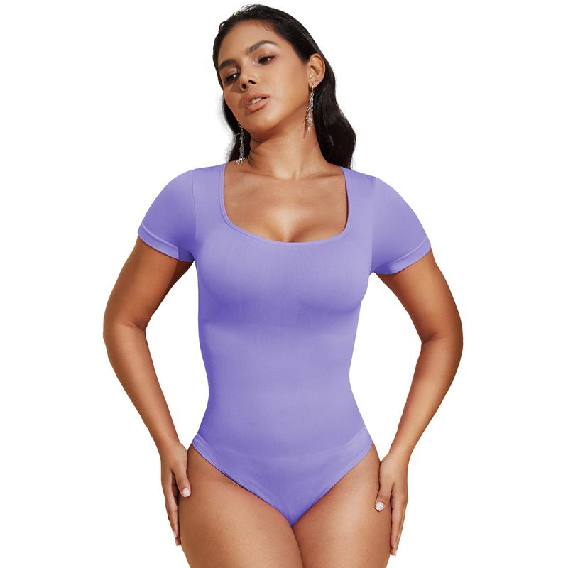 MOVWIN Short Sleeve Body Suit Shapewear Basic Bodysuit Seamless Womenswear Tops Underwear Lady Comfort Button Comfortable compression bodyshaper