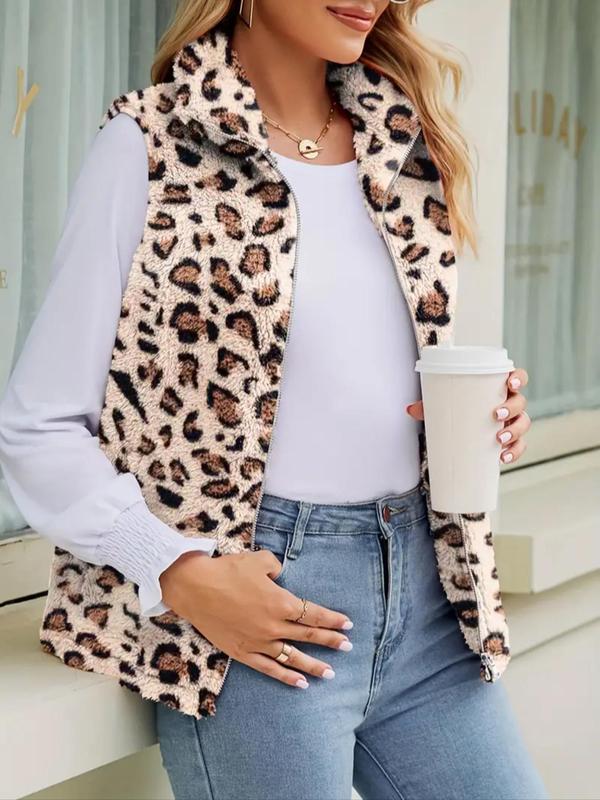 Women's Cow Print Zip Up Plush Gilet, Casual Pocket Collared High Neck Vest Outerwear for Fall & Winter, Winter Clothes Women, Clothing Tops for Lady Daily Wear, Going Out Outfits 2024, Fall Outfits Womenswear Gamis