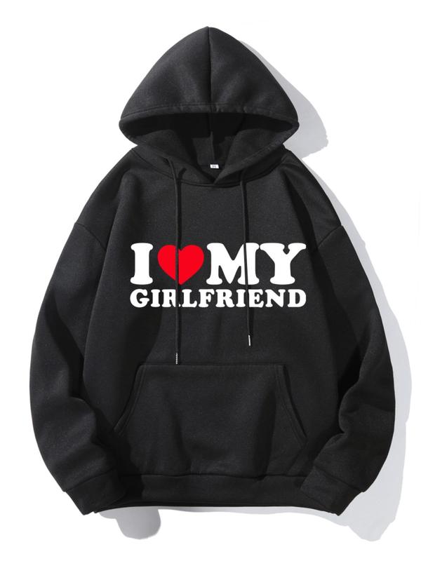 Couple's Heart & Letter Print Drop Shoulder Hoodie, Casual Drawstring Pocket Hooded Sweatshirt, 2024 Trendy Couple Clothing for Fall & Winter