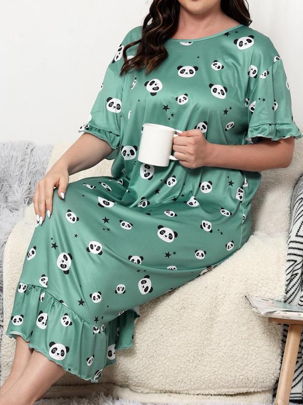 Plus Size All Over Print Ruffle Hem Nightdress, Casual Flounce Sleeve Round Neck Nightgown, Summer Clothes Women, Lady Summer Homewear