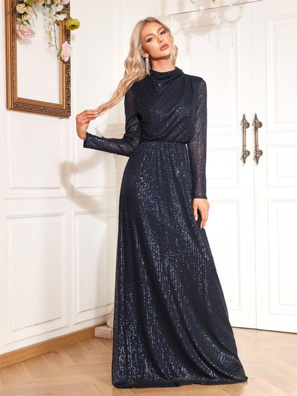 Women's Glitter Sequins Sheer Sleeve Mock Neck Maxi Evening Dress, Elegant Long Sleeve A Line Dress For Party Banquet Wedding Guest, Ladies Spring & Fall Clothes