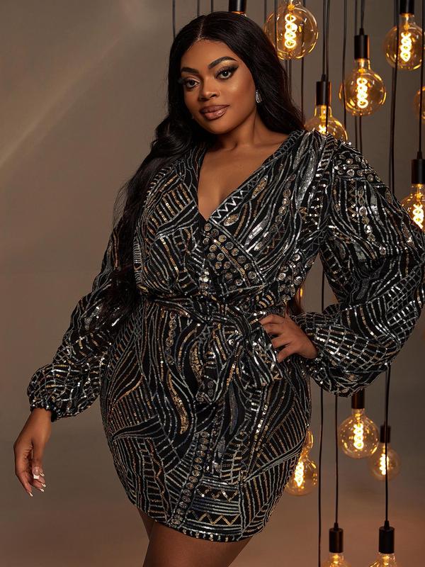 Plus Size All Over Sequins Wrap V Neck Belted Bodycon Dress, Elegant Lantern Sleeve Short Evening Party Gown, Women's Clothes for Spring & Fall