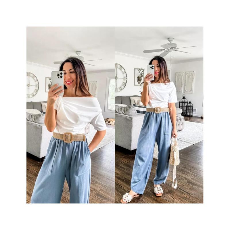 UANEO Womens Baggy Wide Leg Pants Casual Elastic Waisted Palazzo Harem Pants with Pockets