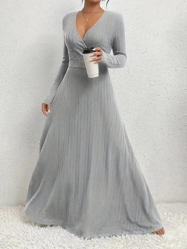  Solid Wrap V Neck A Line Dress, Elegant Long Sleeve Dress for Party Holiday Wedding Guest, Women's Clothes for Fall & Winter