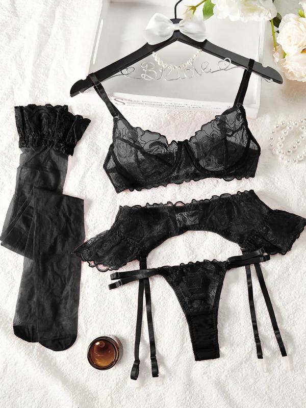 Women's Floral Embroidery Contrast Lace Lingerie Set, Sexy Ruffle Trim Bra & Thong & Garter Belt & Stockings Set, Lingerie Set for Women