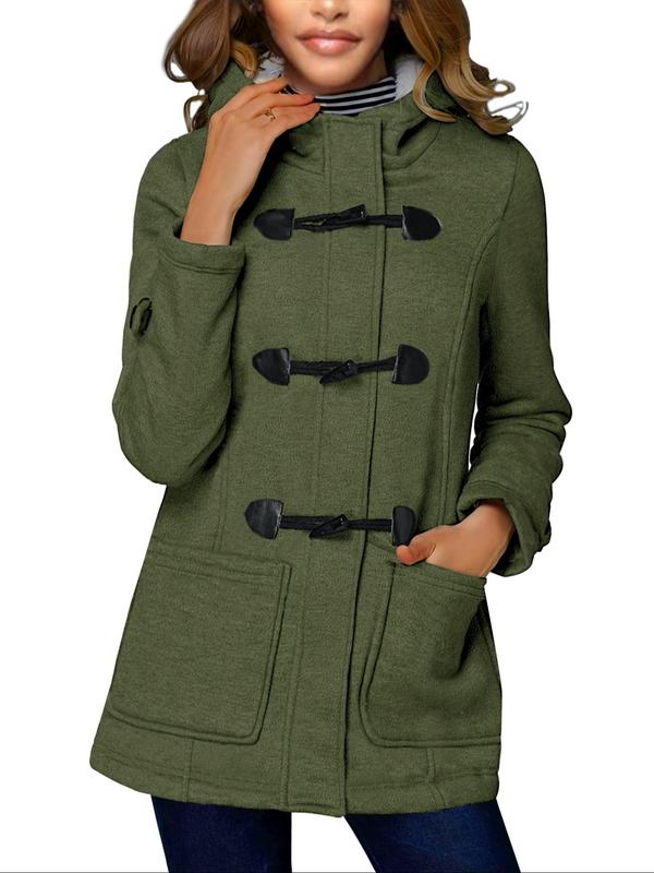 Women's Solid Button Front Flannelette Hooded Coat, Fall Outfits, Fallfreshness Casual Long Sleeve Pocket Outerwear for Winter, Ladies Clothes for Daily Wear Winter Clothes Women