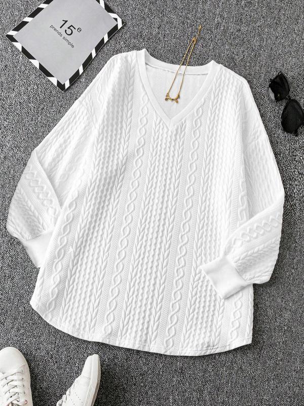 Women's Plain Jacquard Drop Shoulder V Neck Tee, Casual Long Sleeve T-shirt for Fall & Winter, T-Shirts for Women, Women's Clothing for Daily Wear