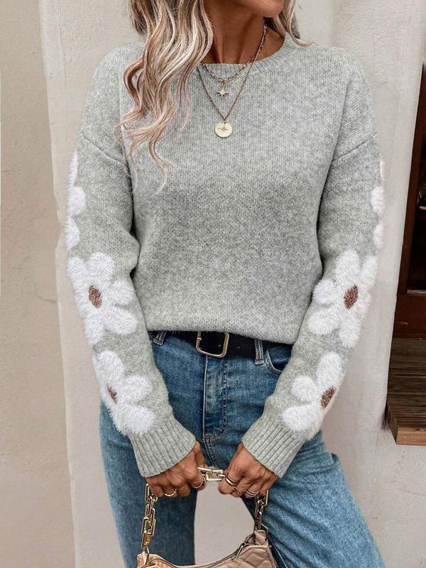 Women's Floral Jacquard Drop Shoulder Sweater, Casual Long Sleeve Round Neck Jumper for Fall & Winter, Fashion Ladies' Knitwear for Daily Wear