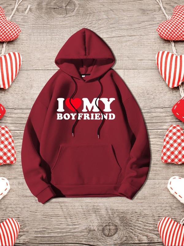 Couple's Heart & Letter Print Drop Shoulder Hoodie, Casual Drawstring Pocket Hooded Sweatshirt, 2024 Trendy Couple Clothing for Fall & Winter