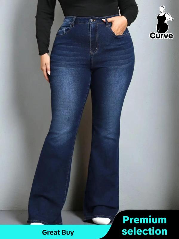  Plain Pocket Button Flare Leg Jeans, Plus Casual Comfy Bell Bottom Denim Pants for Daily Wear, Jeans for Women, Women's Plus Clothing for Fall, Fall Outfits, Fallfreshness Clothes