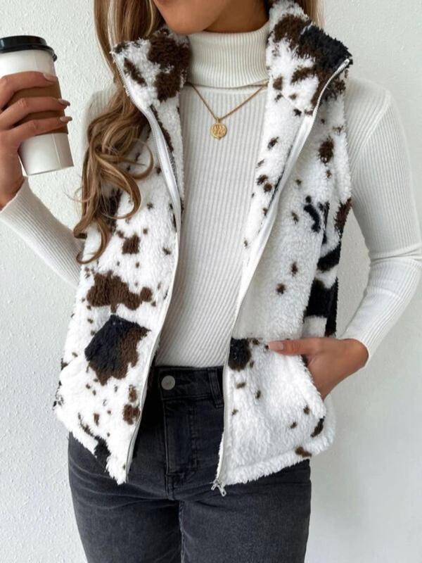 Women's Cow Print Zip Up Plush Gilet, Casual Pocket Collared High Neck Vest Outerwear for Fall & Winter, Winter Clothes Women, Clothing Tops for Lady Daily Wear, Going Out Outfits 2024, Fall Outfits Womenswear Gamis