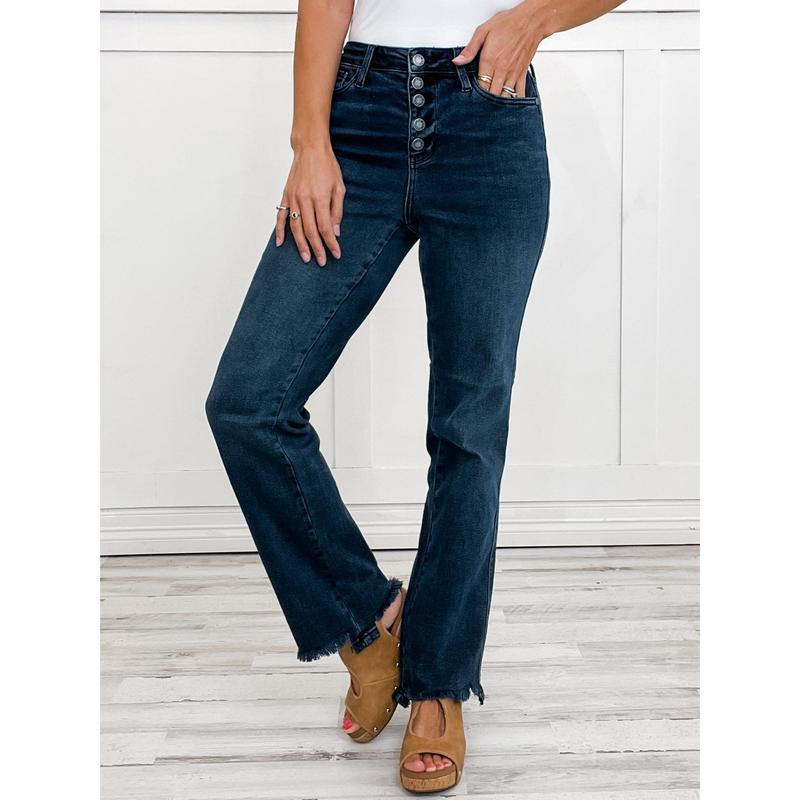 Judy Blue JOURNEY Hi-Rise Button Fly Distressed Hem Straight Denim Jeans