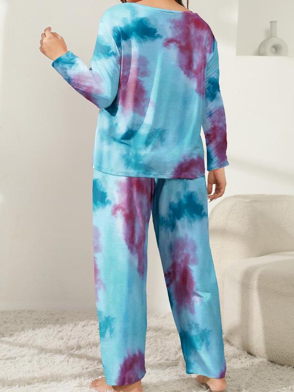  Tie Dye Print Tee & Pants Loungewear Set, Casual Comfy Round Neck Long Sleeve Top & Trousers PJ Set, Women's Sleepwear for Spring & Fall