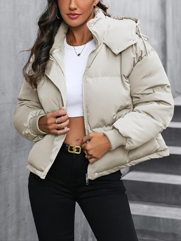 Women's Solid Color Quilted Thickened Warm Hooded Jacket, Casual Drawstring Long Sleeve Zip Up Outerwear for Fall & Winter, Women's Clothes for Daily Wear