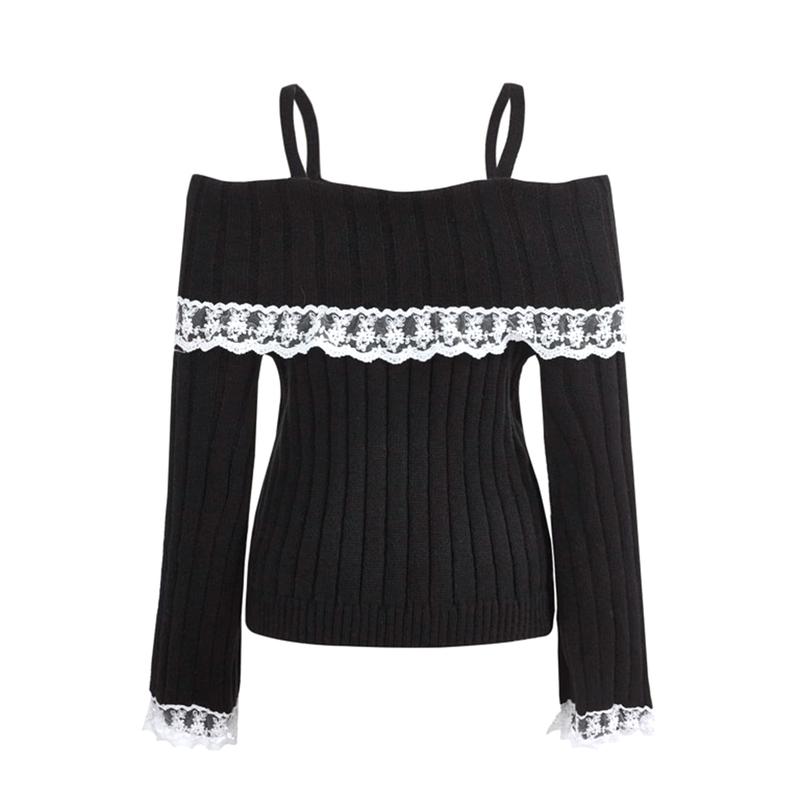 Women Off Shoulder Top Y2K Long Sleeve Lace Trim Knit Shirt Fashion Cute Solid Pullover Sweater