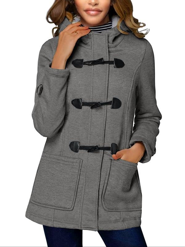 Women's Solid Button Front Flannelette Hooded Coat, Fall Outfits, Fallfreshness Casual Long Sleeve Pocket Outerwear for Winter, Ladies Clothes for Daily Wear Winter Clothes Women