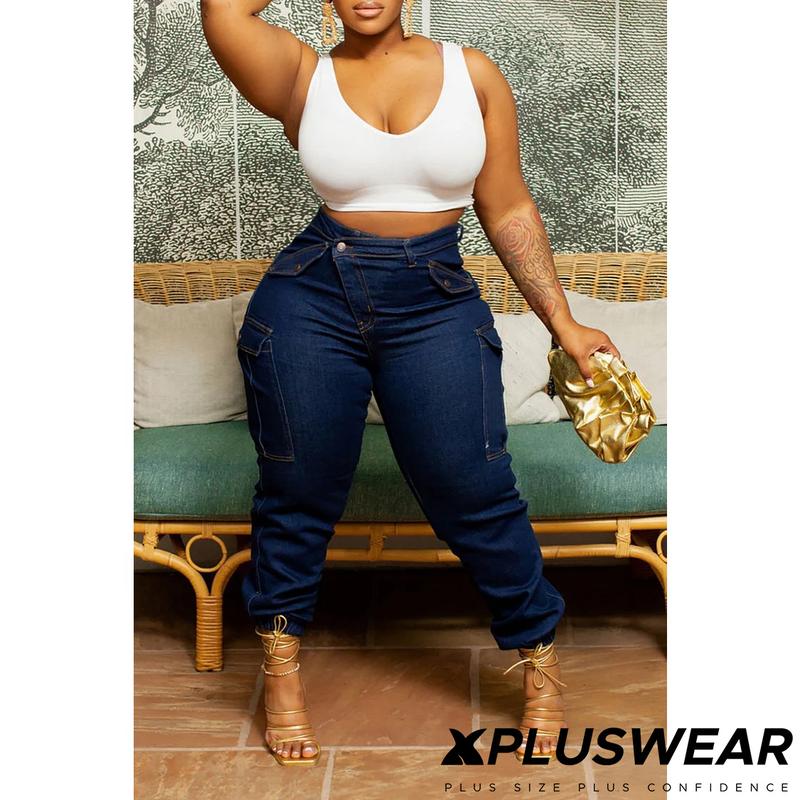 Xpluswear Plus Size Basic Daily Comfort Denim Asymmetric Waist With Pocket Cargo Women's jeans Womenswear women's clothing Pants winter clothes