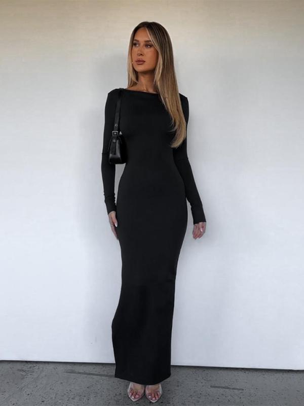 Women's Solid Color Backless Split Thigh Tie Back Bodycon Dress, Elegant Long Sleeve Boat Neck Maxi Dress for Party Dating Wear, Women's Clothing for Fall & Winter