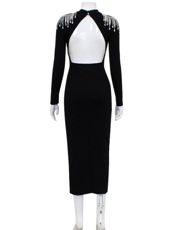 Women's Rhinestone Decor Split Thigh Bodycon Dress, Elegant Long Sleeve Stand Collar Evening Party Gown, Ladies Clothes for All Seasons