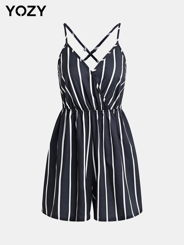 YOZY [size 0 2-14] Striped Print V Neck Wrap Cami Romper, Casual Fashion Adjustable Strap Sleeveless Ruched Romper, 2024 Women's Summer Outfits for Daily Wear, [XS-XXL]