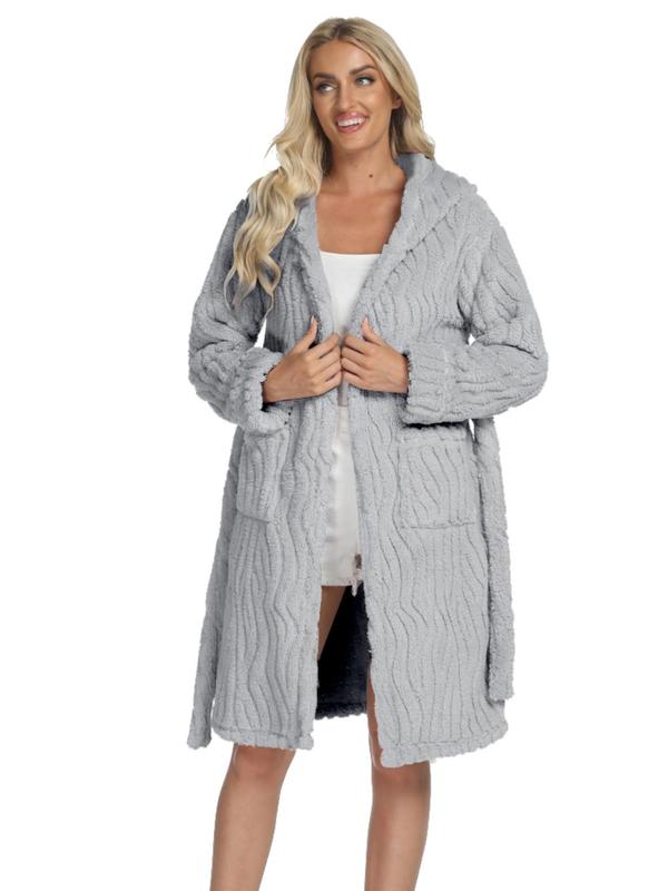 Women's Solid Belted Hooded Lounge Robe, Casual Long Sleeve Pocket Design Thickened Robe for Fall & Winter, Women's Loungewear for Indoor Wear