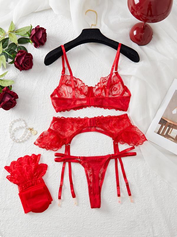 Women's Floral Embroidery Contrast Lace Lingerie Set, Sexy Ruffle Trim Bra & Thong & Garter Belt & Stockings Set, Lingerie Set for Women