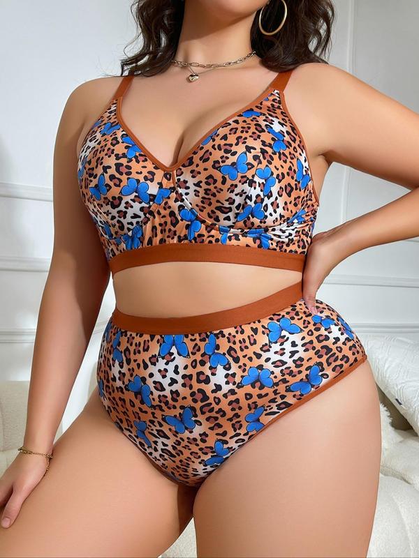  Two-piece Set Leopard Print Contrast Binding Bra & High Waist Panty Set, Casual Adjustable Strap Wireless Bra & Panty Set, Women's Underwear Set for All Seasons