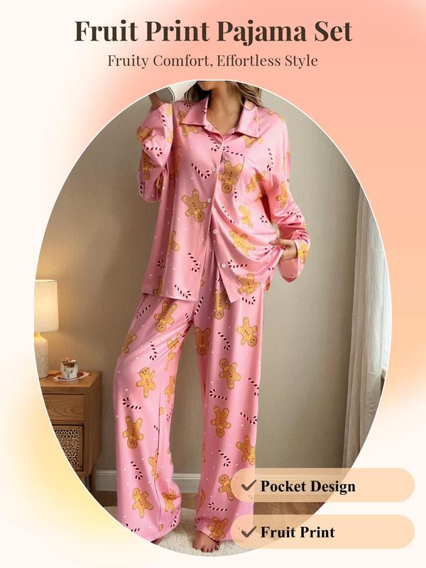 Women's Fruit Print Lapel Pocket Shirt & Elastic Waist Pants Pyjama, Casual Comfy Button Front Split Hem Drop Shoulder Top & Trousers Pj Set, Women's Sleepwear for Spring & Fall