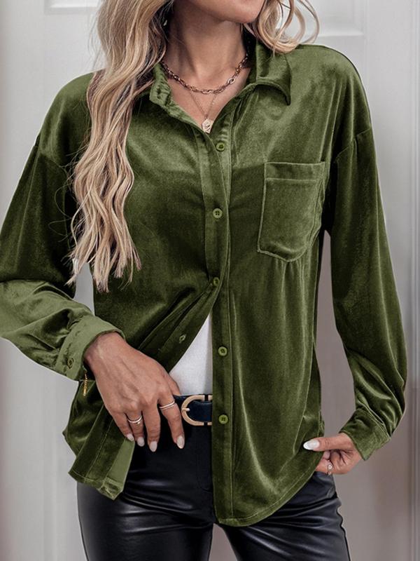 Women's Solid Button Front Drop Shoulder Velvet Shirt, Casual Long Sleeve Collared Top for Fall & Winter, Women's Clothes for Daily Wear