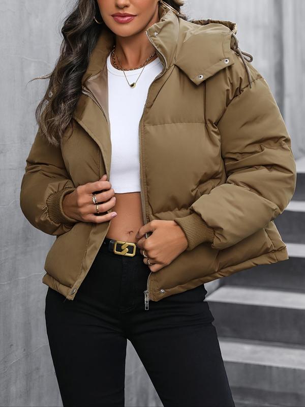 Women's Solid Color Quilted Thickened Warm Hooded Jacket, Casual Drawstring Long Sleeve Zip Up Outerwear for Fall & Winter, Women's Clothes for Daily Wear