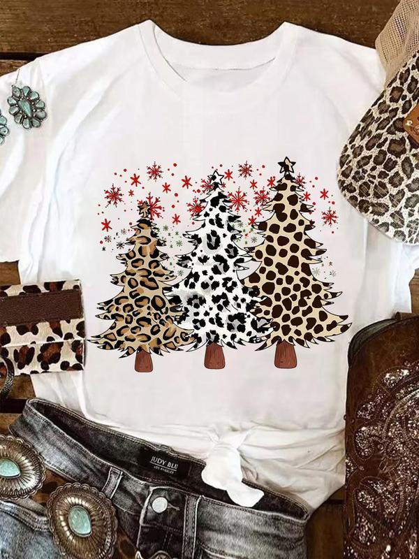 Women's Christmas Tree & Letter & Snowflakes Print Round Neck Tee, Casual Short Sleeve Crew Neck T-Shirt for Daily Wear, Ladies Clothes for All Seasons