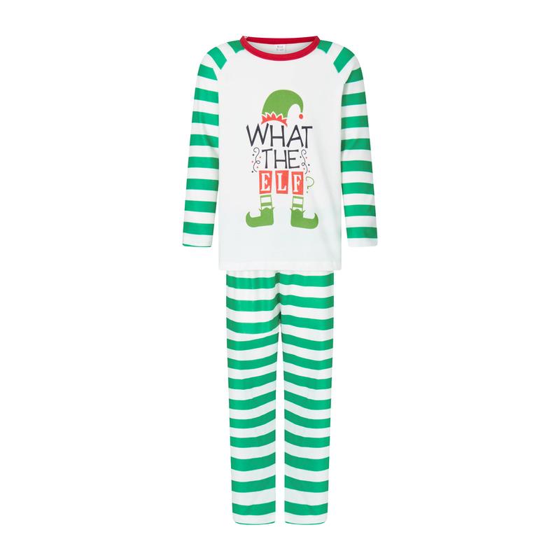 HS4997 Playful Elf Christmas Family Set, Green and White Striped Parent-Child Home Clothes