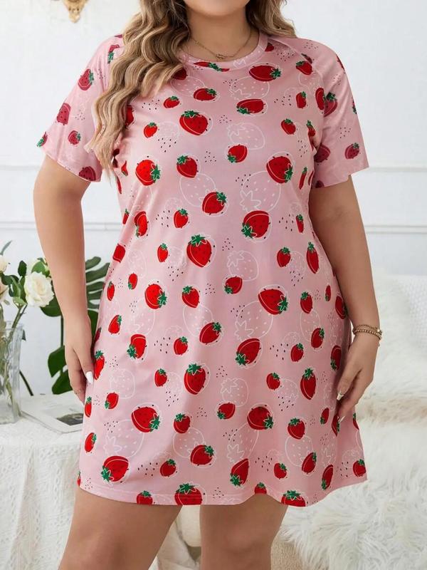 Plus Size Strawberry Print Round Neck Nightdress, Soft Comfy Short Sleeve Nightgown, Women's Sleepwear for All Seasons