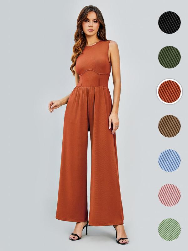 Women's Wide Leg Body Jumpsuit, Summer Clothes, Chic Elegant Trendy Sleeveless Crewneck Formal Elegant Jumpsuit for Women, Lady One-piece Bodysuit Jumpsuit Christmas